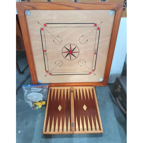 216 - Large Carrom board together with a travel backgammon board and pieces (2)