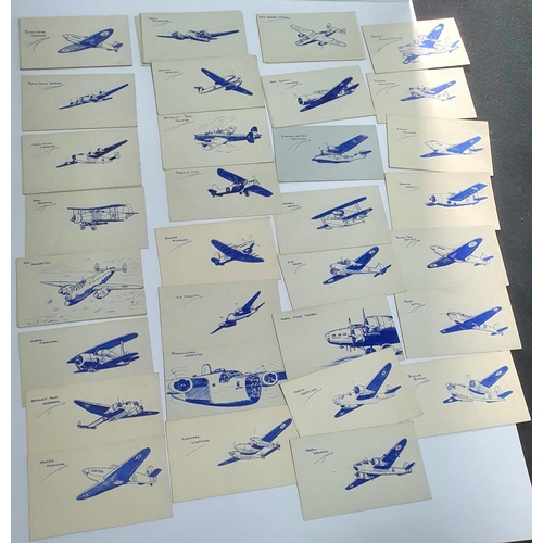 98 - Important period collection of 40+ pen and ink plane sketches, executed on the back of blank postcar... 