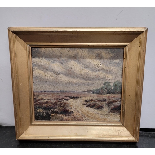 102 - Early 20thC indistinctly signed impressionist oil on canvas painting depicting a baron moorland land... 