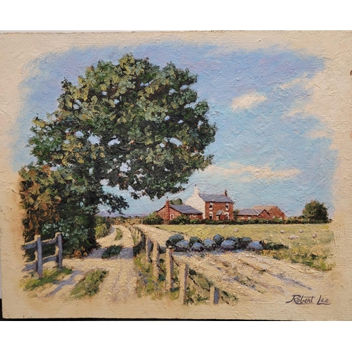 103 - Robert Lee oil on board, depicting a cottage in country landscape, unframed

34 x 43 cm