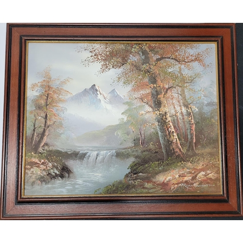 104 - Pair of indistinctly signed decorative oil on canvas landscapes, both in matching wood frames (2)