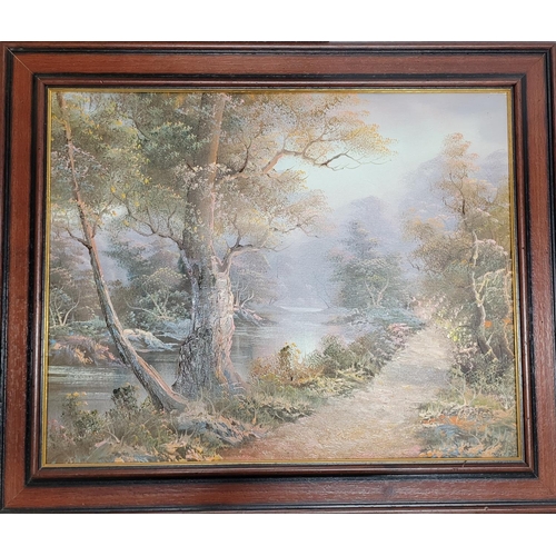 104 - Pair of indistinctly signed decorative oil on canvas landscapes, both in matching wood frames (2)