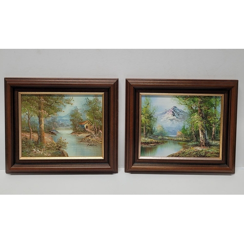 140 - Pair of indistinctly signed decorative oil on board landscapes, both in matching wood frames (2)