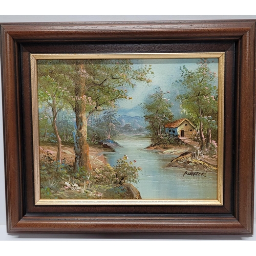 140 - Pair of indistinctly signed decorative oil on board landscapes, both in matching wood frames (2)