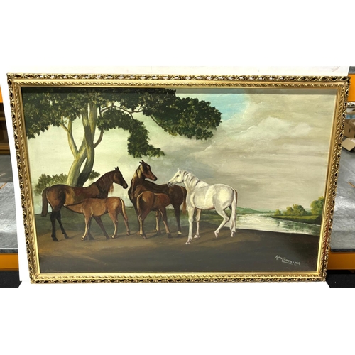 187 - Large oil on board of horses in gilt frame by Ron Lancaster