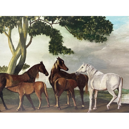 187 - Large oil on board of horses in gilt frame by Ron Lancaster