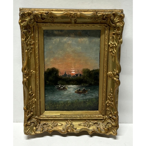 188 - Oil on Board in nice gold gilt frame of Sunset with boats by H.Christian