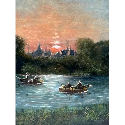 188 - Oil on Board in nice gold gilt frame of Sunset with boats by H.Christian