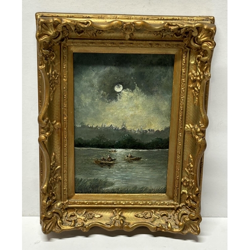 189 - H.Christian, Edwardian oil on board painting depicting fisherman in boats on a lake by moonlight in ... 