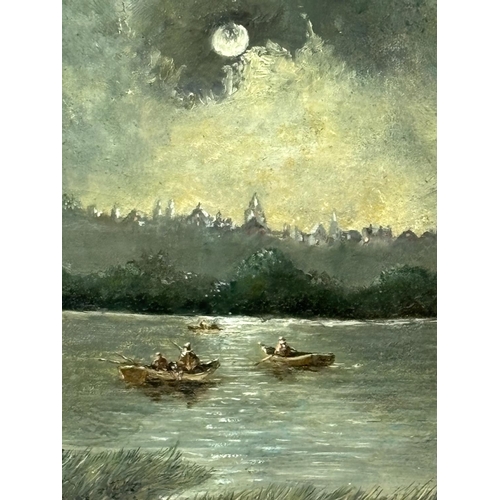 189 - H.Christian, Edwardian oil on board painting depicting fisherman in boats on a lake by moonlight in ... 