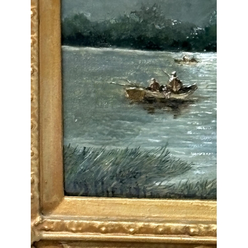 189 - H.Christian, Edwardian oil on board painting depicting fisherman in boats on a lake by moonlight in ... 