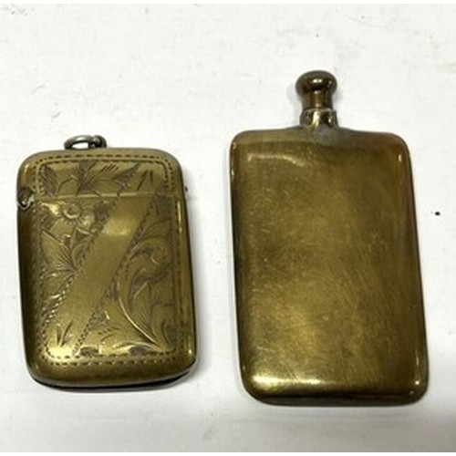 152 - An ornately engraved brass vespa case together with a miniature flask (2)