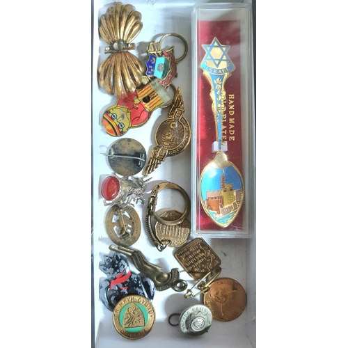 607 - Box containing a quantity of old badges and brooches and one Jewish silver plated spoon (Qty)