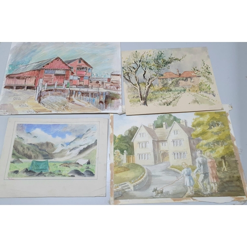 627 - Folder of 12 different, good quality 20thC watercolours by various artists, all unframed (12)