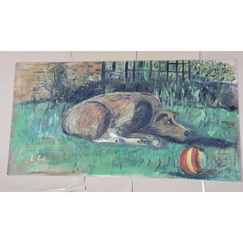 655 - Signed by L. Croft 20thC double sided oil painting on board depicting a dog and a country side on th... 