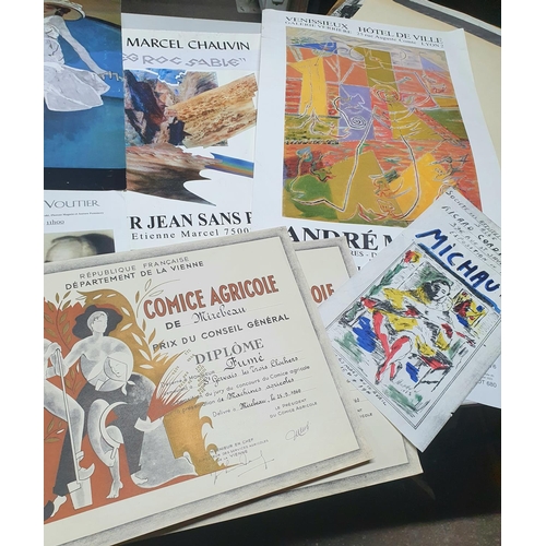 673 - Folder of French 20thC artists exhibition posters etc together with 3 original poster mock-ups in wa... 