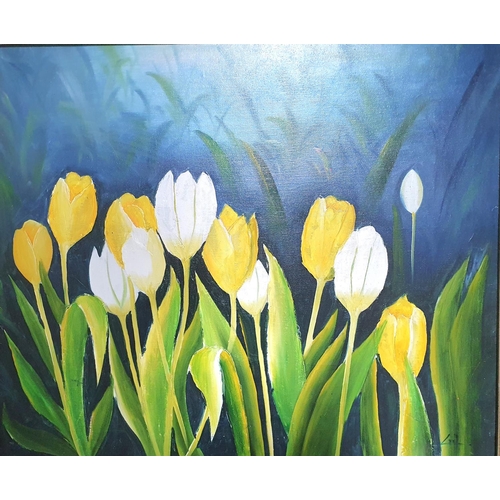 686 - Modern oil on canvas of Tulips signed GIL, in fine quality frame,

The oil measures 59 x 51cm