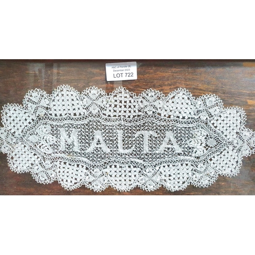 722 - Old wooden tray with MALTA lacework below glass base