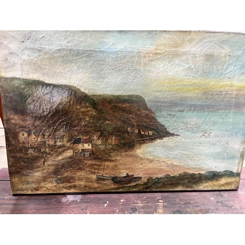 287 - Unsigned Victorian oil on canvas, beach cove scene possibly Staithes area, unframed 

41 x 62cm