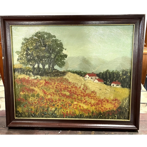 288 - Unsigned, late 29thC oil on board depicting a French Poppy field after the impressionists, wood fram... 