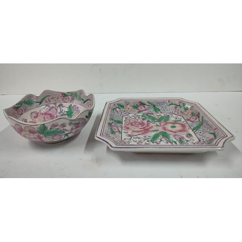 397 - Stunning hand-painted Chinese floral plate and associated bowl, polychrome floral design, possibly Q... 