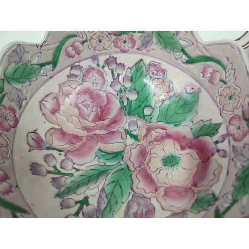 397 - Stunning hand-painted Chinese floral plate and associated bowl, polychrome floral design, possibly Q... 