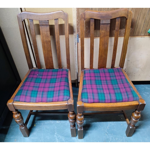 450 - Pair of vintage wooden chairs with tartan seat pads (2)