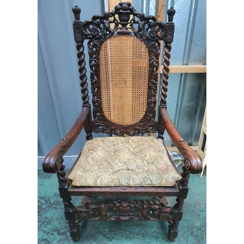 451 - Extensively carved with rattan back Jacobean style antique chair with barley twist stems (a/f)