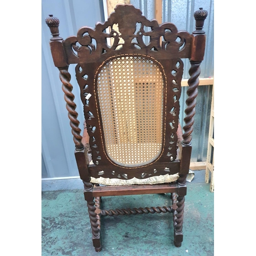 451 - Extensively carved with rattan back Jacobean style antique chair with barley twist stems (a/f)