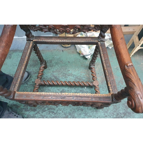 451 - Extensively carved with rattan back Jacobean style antique chair with barley twist stems (a/f)