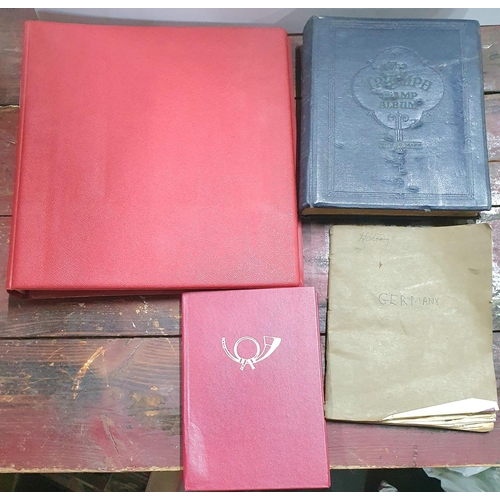 280 - Four stamp albums, the largest (red), half filled with 20thC Hungary, one other with Germany 20thC u... 