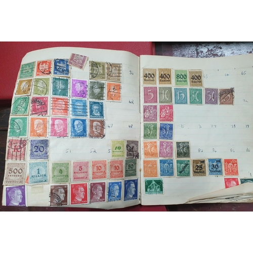 280 - Four stamp albums, the largest (red), half filled with 20thC Hungary, one other with Germany 20thC u... 