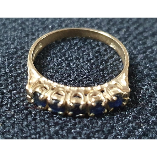 65 - 9ct yellow gold hallmarked ring inset with 5 round cut set Sapphires,

2 grams gross