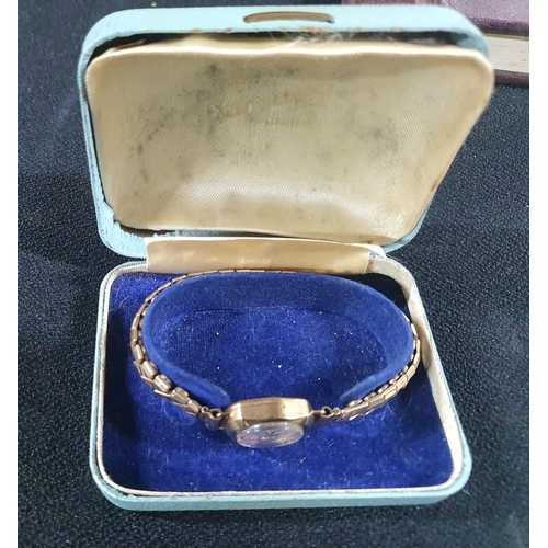 82 - Boxed ladies Slavia 9ct gold cased cocktail watch with original rolled gold expendable strap and in ... 