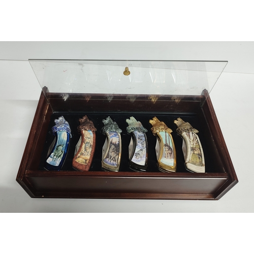 171 - Set of six Franklin Mint collector knives in the form of wolves in display case