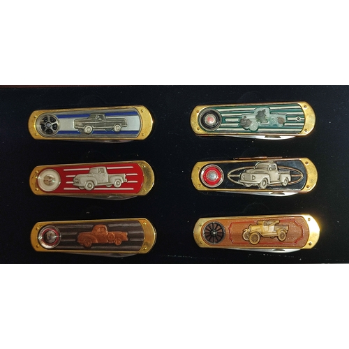 174 - Set of six Franklin Mint collectors knives with Ford car models depicted on the handles presented in... 