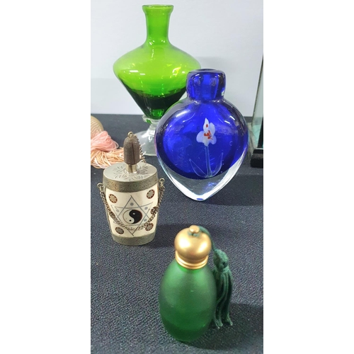 240 - Large quantity of small glass related itesm including perfume bottles and a carved Jade dragon (Qty)