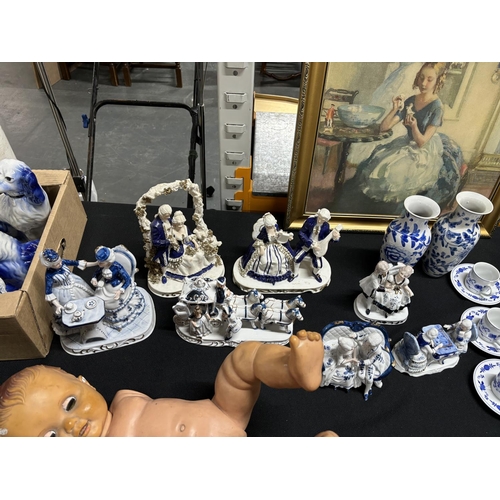 372 - Collection of blue and white pottery including Doll