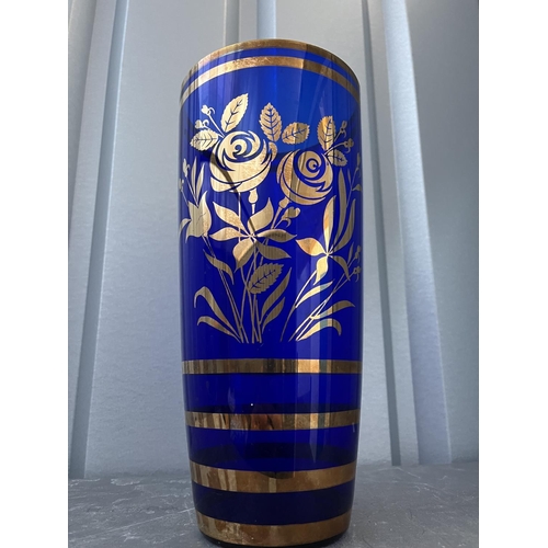 391 - Retro cobalt glass & gilt floor standing vase