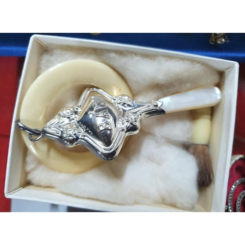 58 - 6 boxed pieces of jewellery including an antique silver baby rattle, a silver and Jade bracelet and ... 