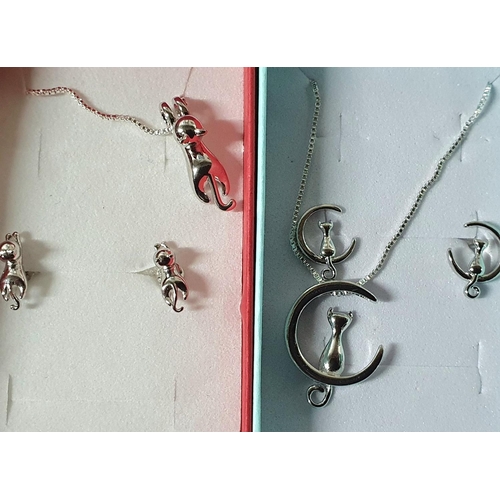 59 - Two silver chains and earrings, Cat themed (2)