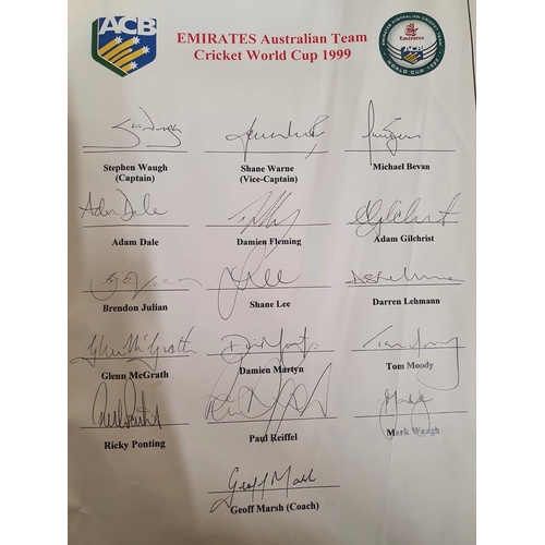 800 - Australia 1999 cricket world cup squad signatures, complete including Glen McGrath, Shane Warne, Ada... 