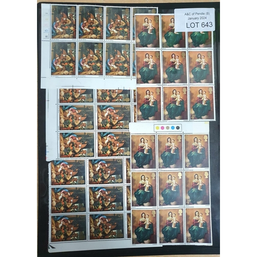 643 - Double sided sheet containing GB QEII pre-decimal Christmas stamps, all mint unmounted blocks, some ... 