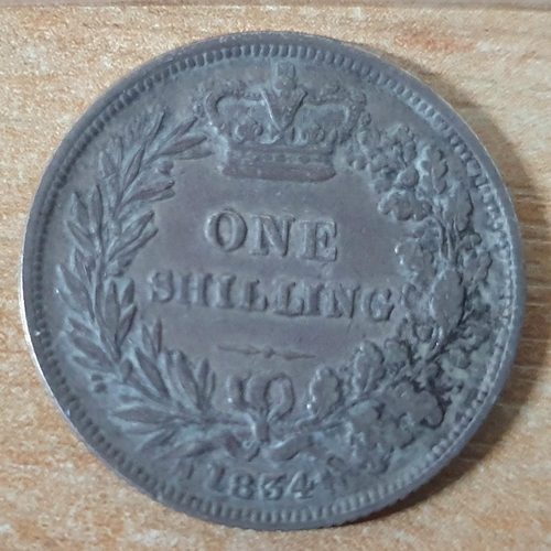 656 - William IV 1834 shilling together with a worn QV bun head 2d (2)