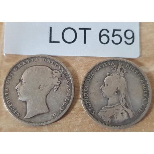 659 - Two Queen Victoria shillings, 1866 young head and a 1887 jubilee head (2)