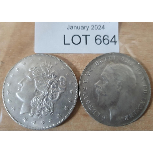 664 - Two large old silver coloured coins, one a US dollar, silver trade unit the other a George V crown, ... 