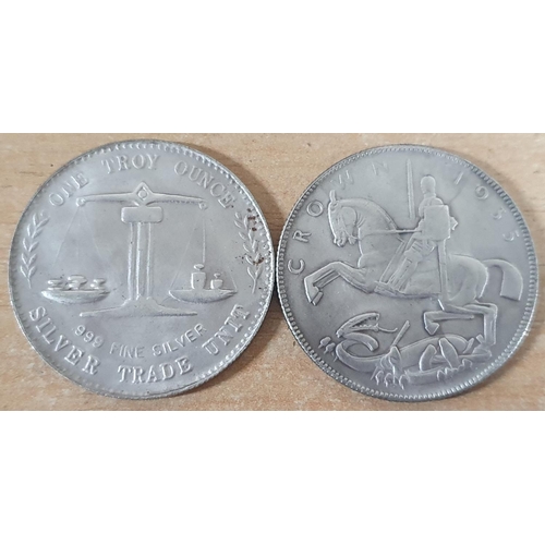 664 - Two large old silver coloured coins, one a US dollar, silver trade unit the other a George V crown, ... 