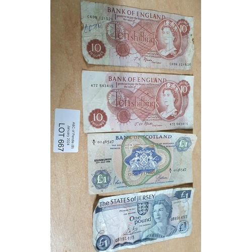 667 - Old Jersey £1 note together with an old Scottish £1 bank note and 2 GB QEII ten shilling notes (4)