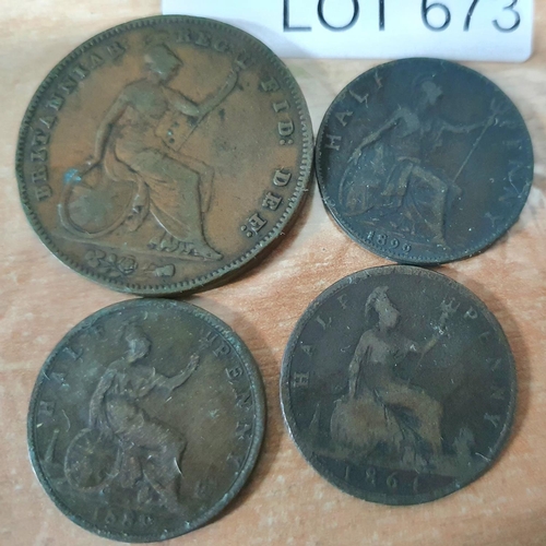 673 - Victoria 1854 Ornamental Trident Large Copper Penny together with 3 other QV copper coins (4)