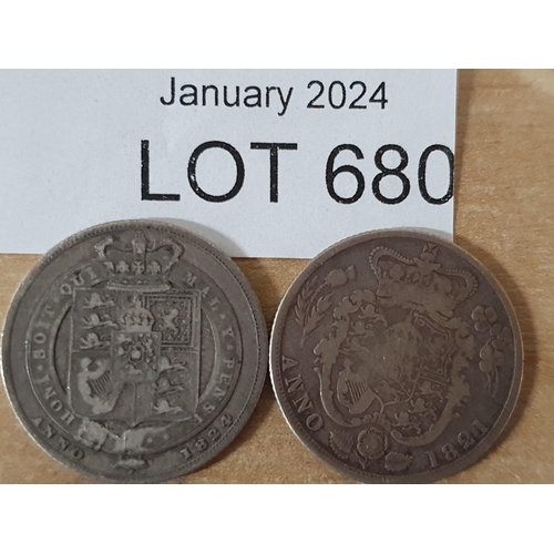 680 - Two George IV silver shillings 1821 & 1824 (2)